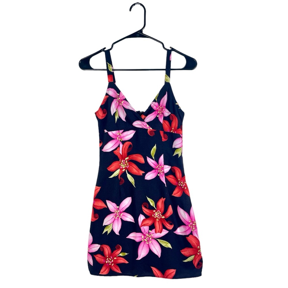 Y2K Sundress, Size 5 Small, Hawaiian, Tropical Floral, Black, Red, Pink, Mini